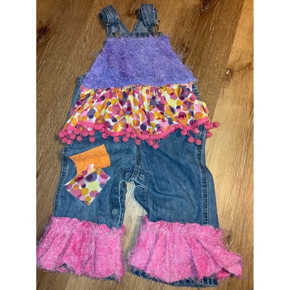 Vintage Old Navy Baby Denim Overalls Ruffle Bottom Patchwork Girl 18-24 M - Picture 1 of 5